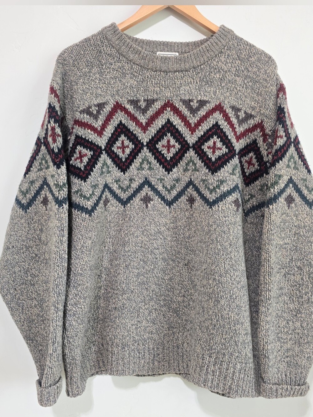 Vintage L.L.Bean Fair Isle Sweater Mens L Lambswool Gray Cabincore